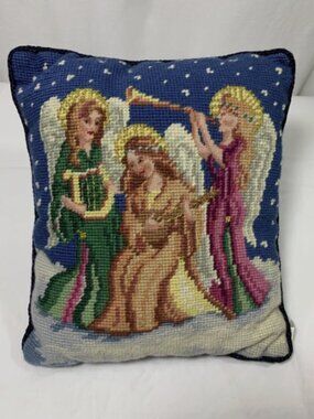 Vintage Wool Needlepoint Pillow Lillian Vernon Velvet Back ANGELS